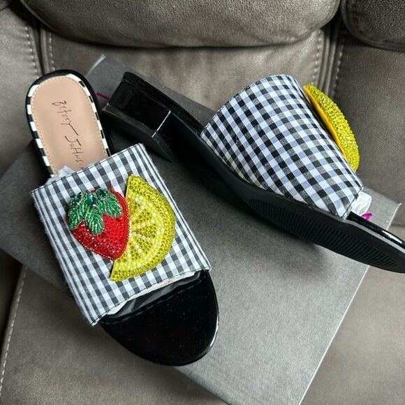 Betsey Johnson Black and White Gingham Sandals with Strawberry Appliqué - Picture 6 of 9